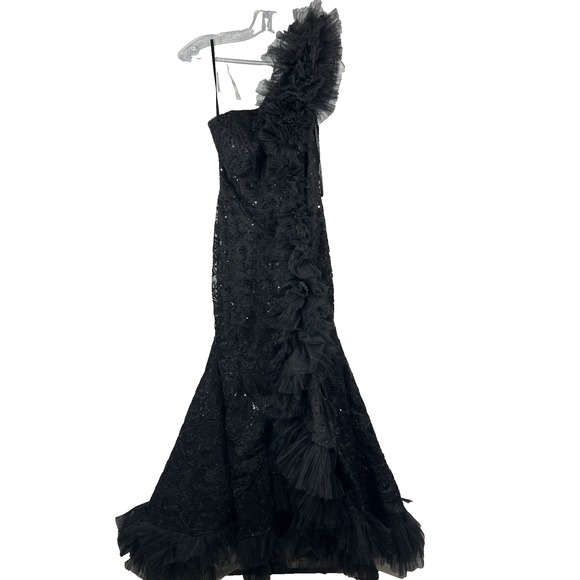NWT $998 Mac Duggal [ 2 ] 20548 Ruffle Detailed One Sleeve Gown in BLACK #J1692‎ - Picture 1 of 13